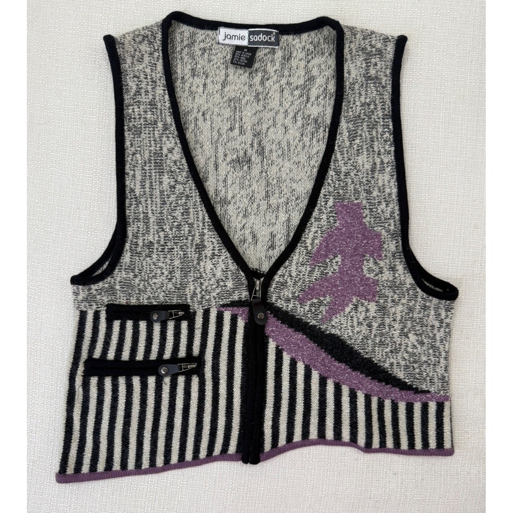 Jamie Sadock Sweater Vest Womens M Asymmetrical Zip Front Knit Graphic Excellent